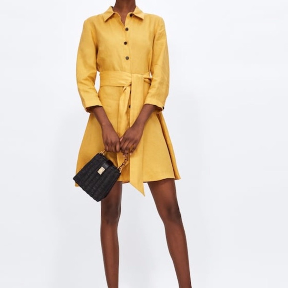 NWOT Zara Yellow Linen Belted Shirt Dress